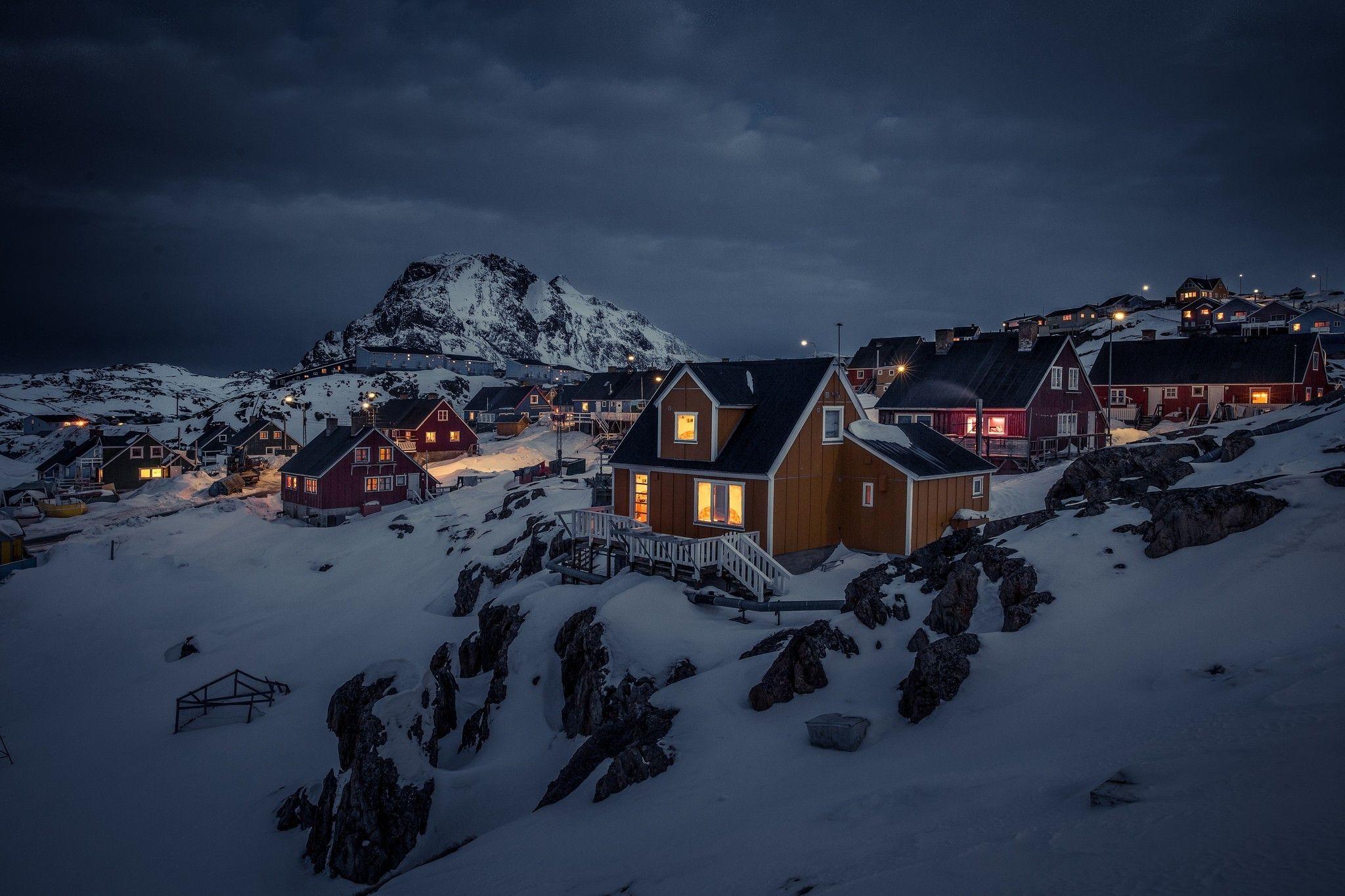 greenland night house landscape lights town snow overcast mountain