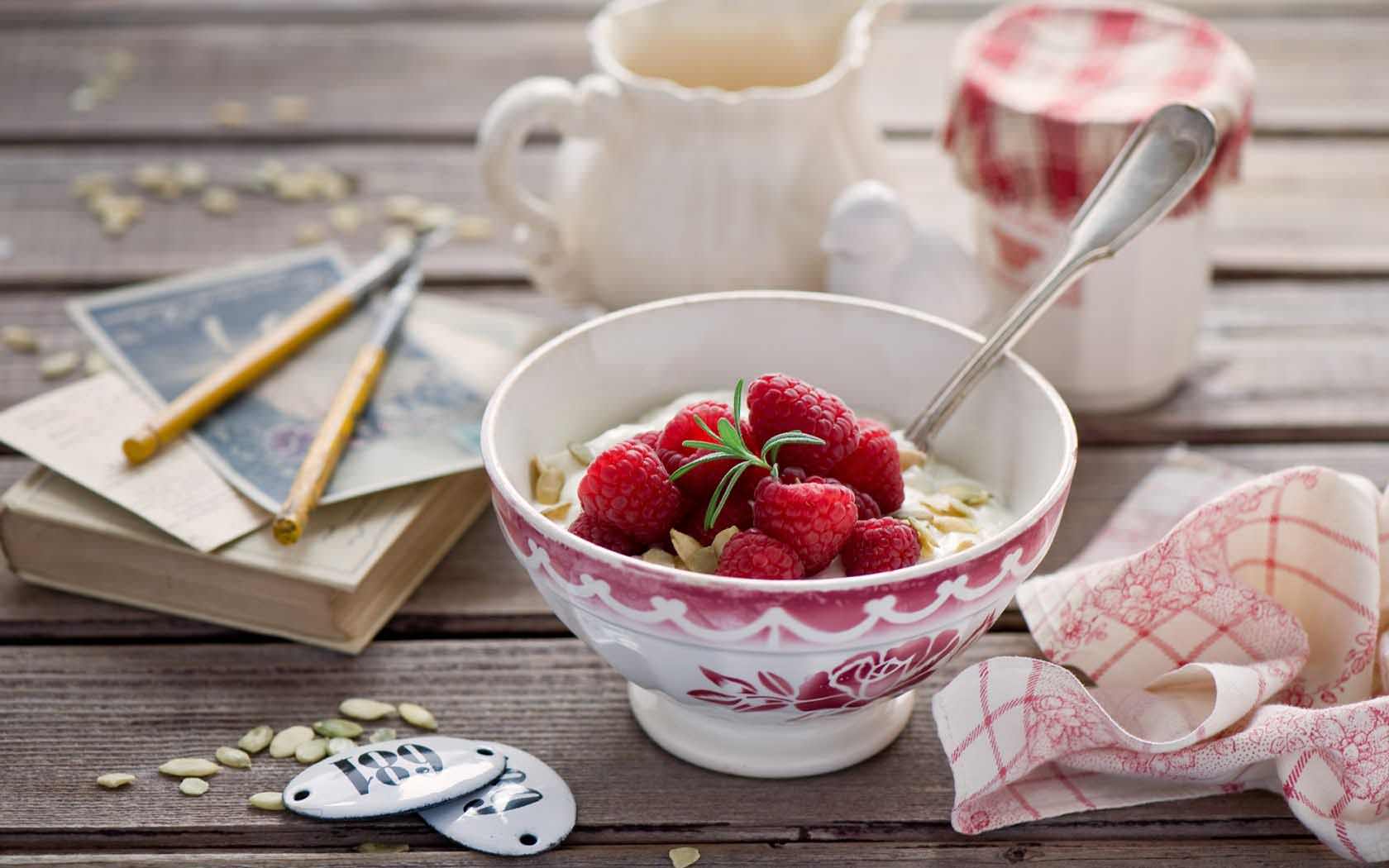 Food Breakfast Morning Bowl Milk Spoon Cereal Raspberry Jam Spoon