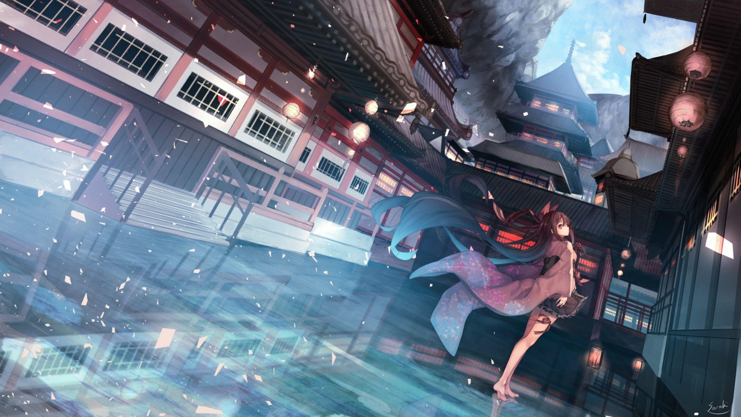 Download 2560x1440 Anime Girl, Japanese Buildings, Traditional