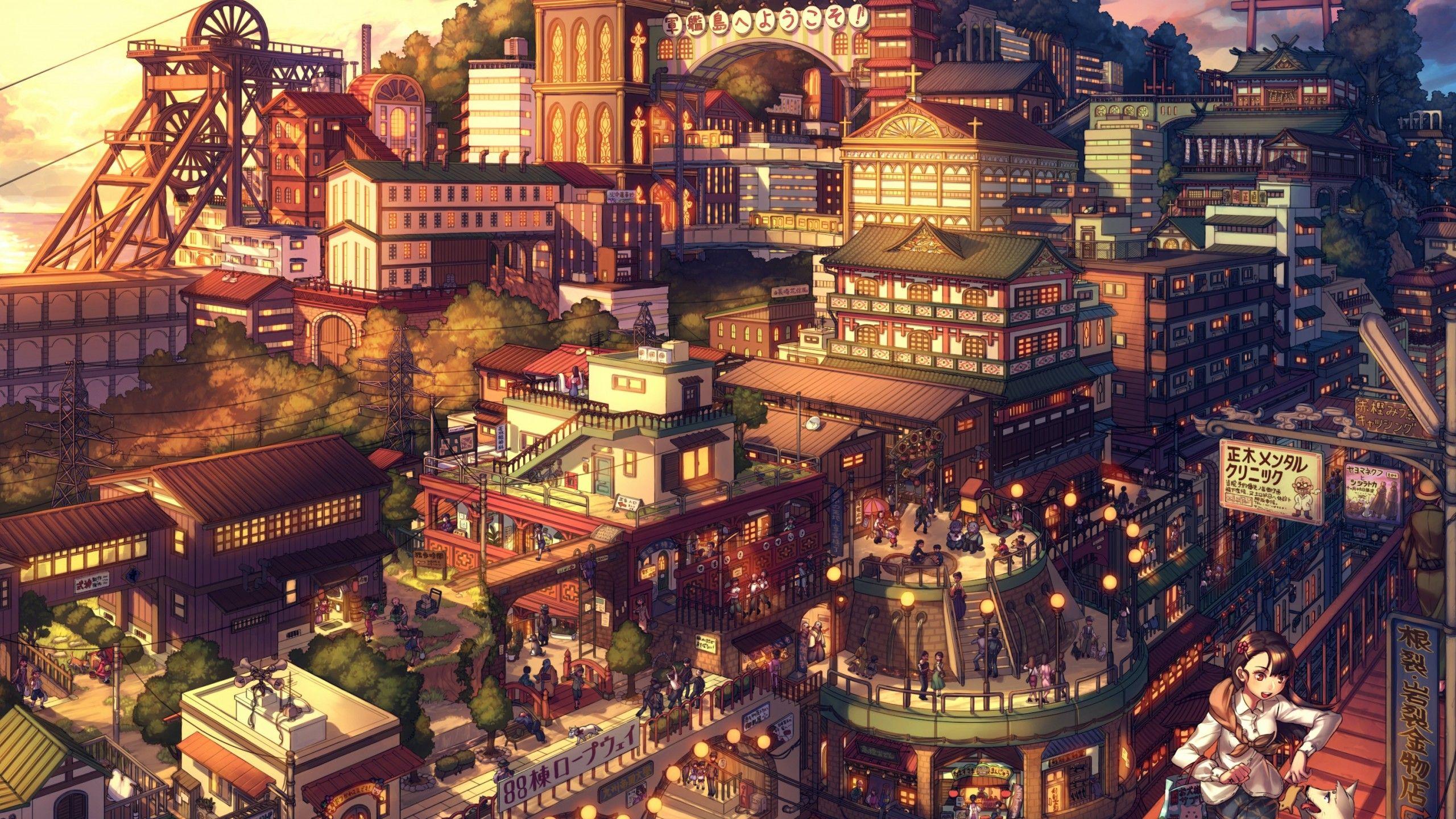 Download 2560x1440 Anime Landscape, Cityscape, People, Japanese