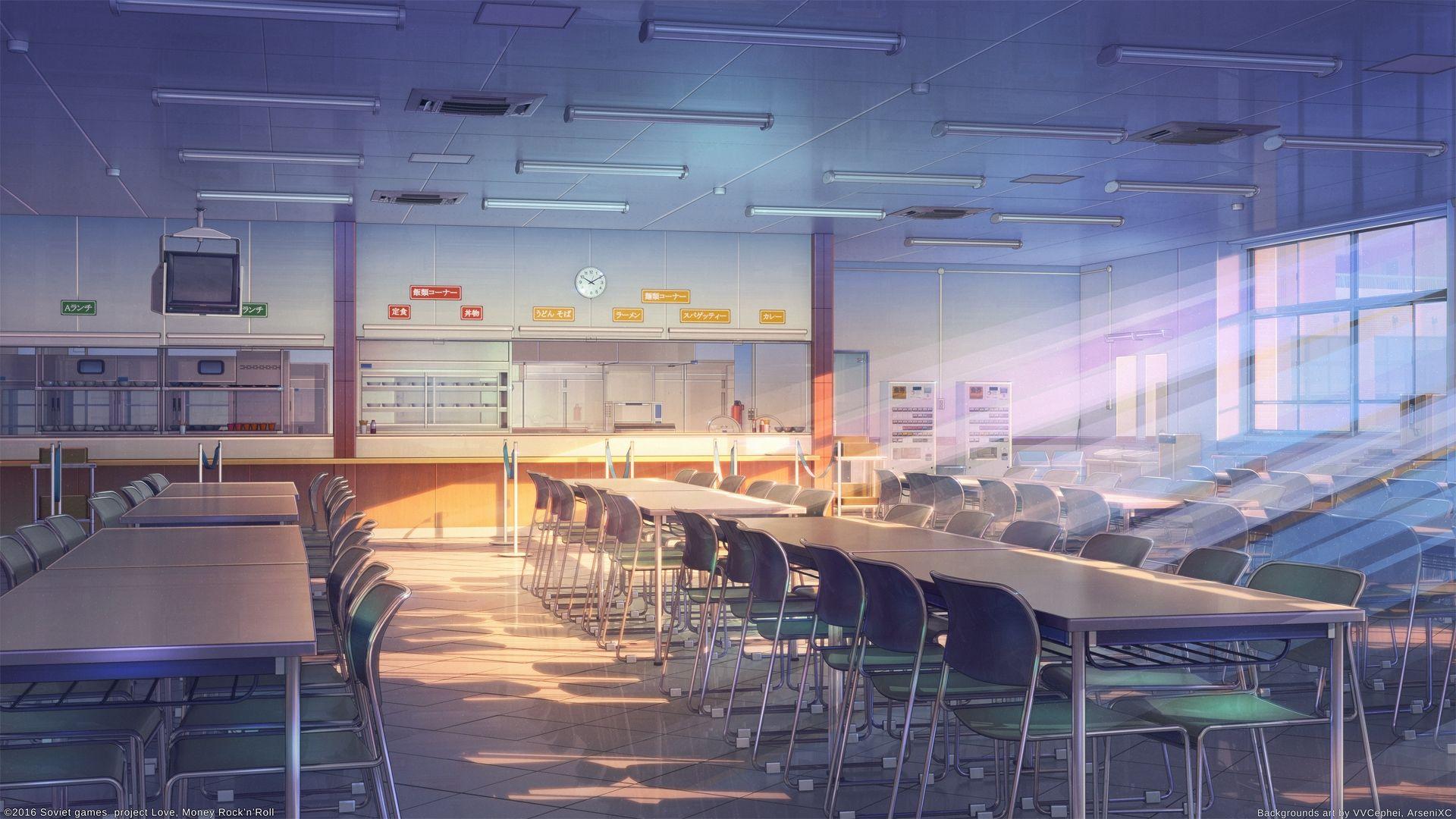 Download 1920x1080 Anime Building, School Cafeteria, Sunshine