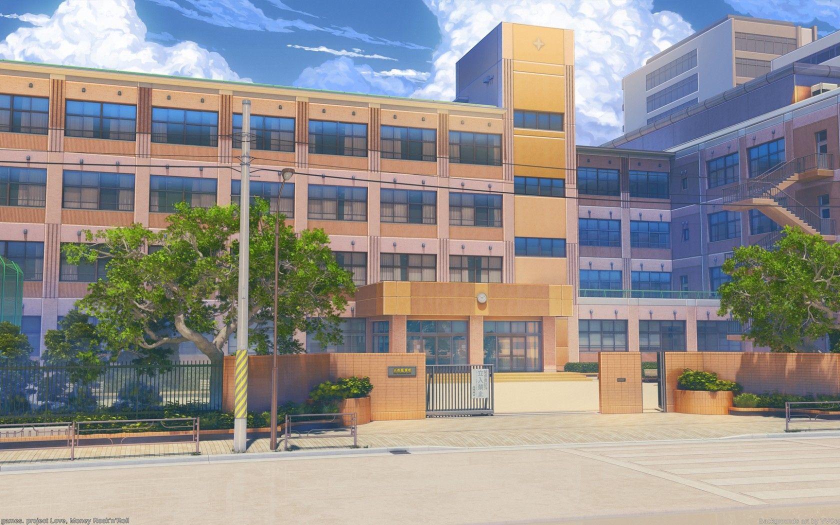 Download 1680x1050 Anime School, Scenic, Building, Artwork, Sky