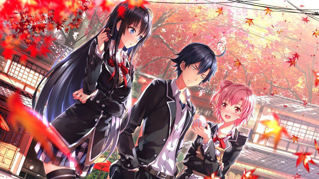 Anime school girl boy autumn wallpaperx1080