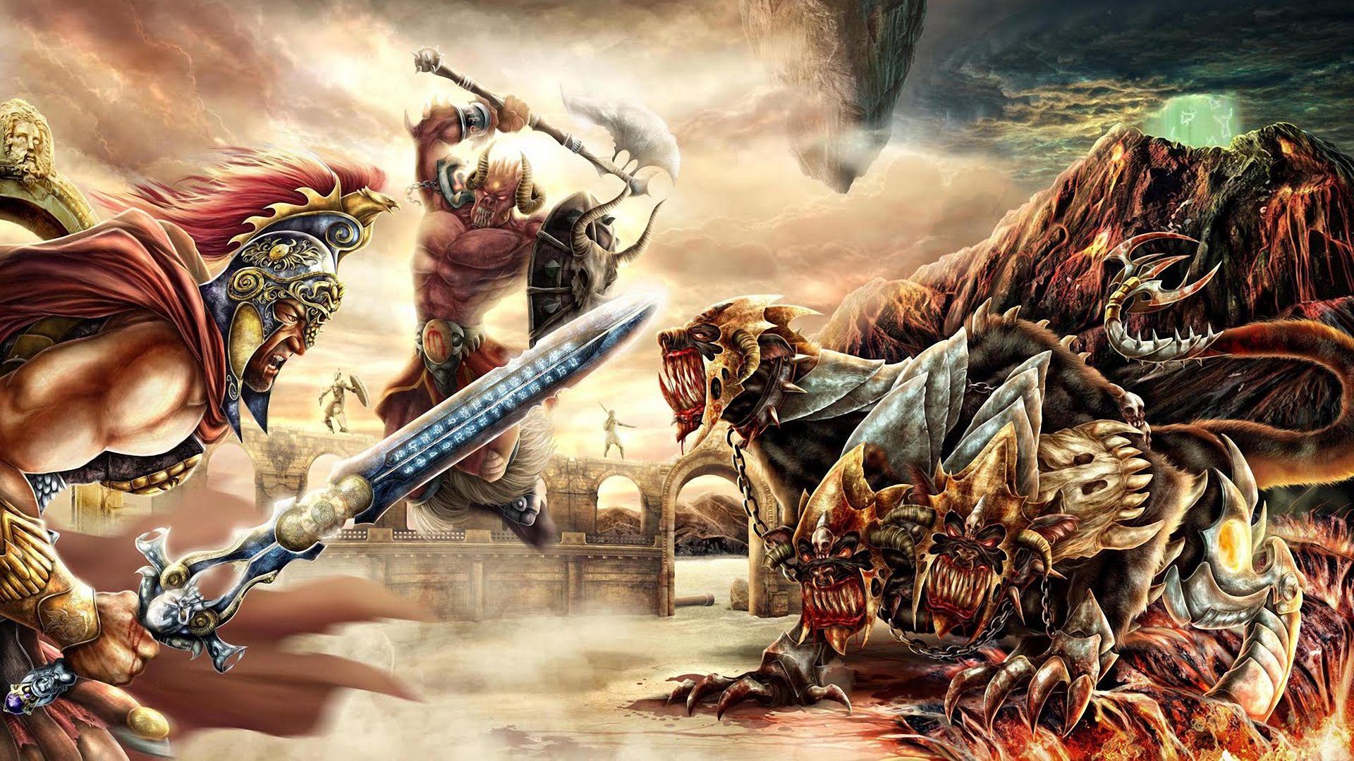 Fantasy battle war weapon sword axe hydra monster creature wallpaper