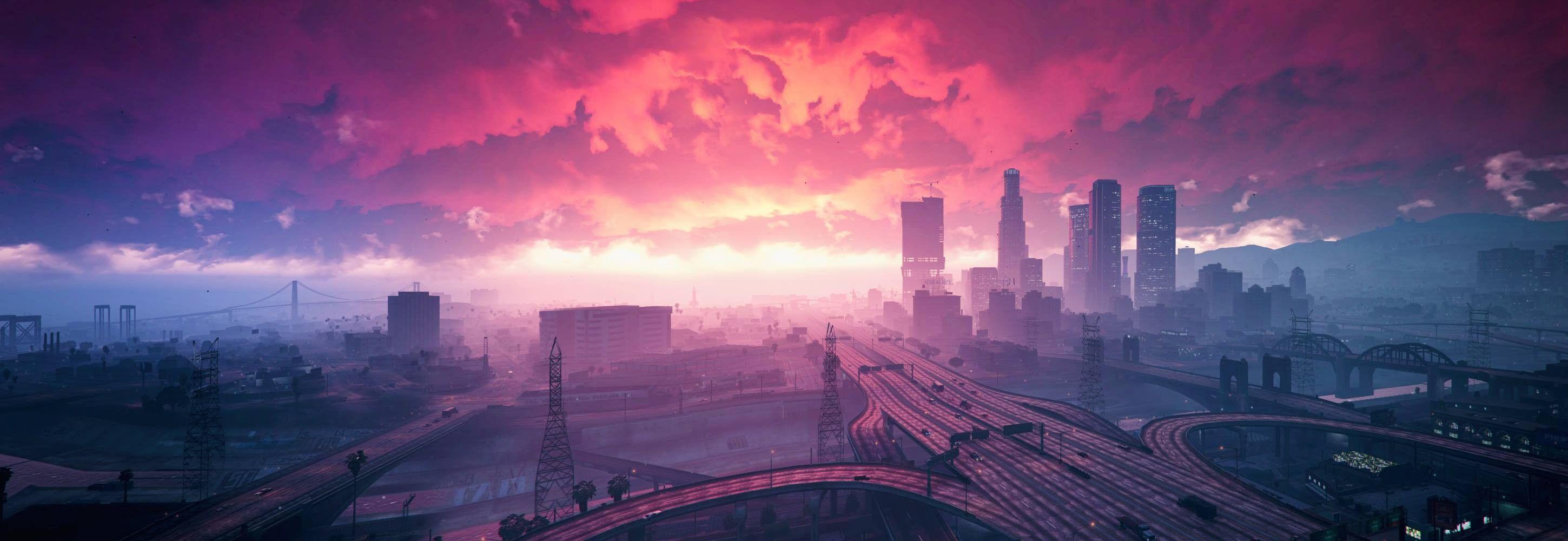 Wallpaper Grand Theft Auto V, Sunset, City, HD, Games