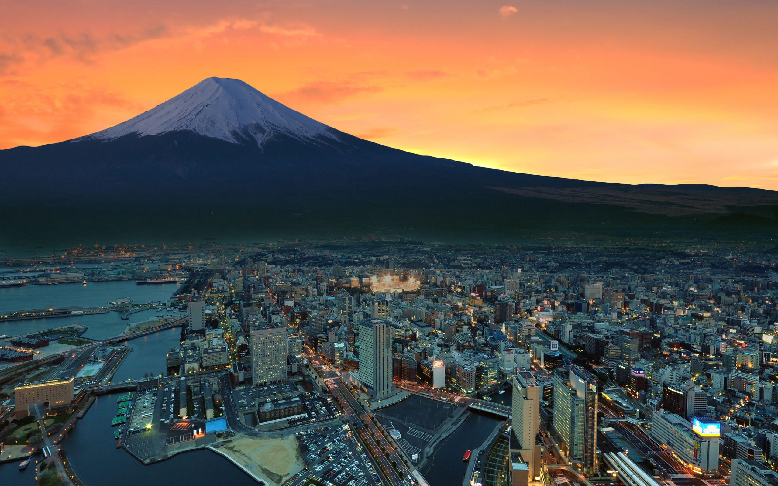 Mount Fuji Snowy Peak Japan Sunset City, HD World, 4k Wallpaper