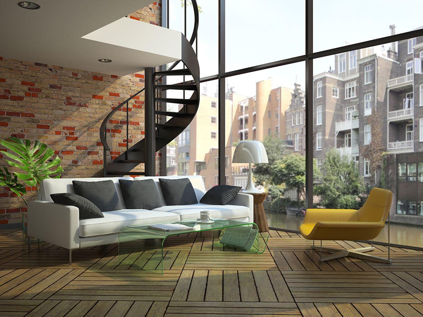 Wallpaper Living room modern loft Stairs 3D Graphics Interior Sofa