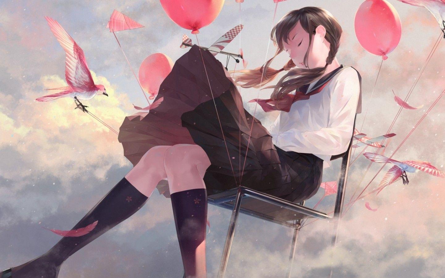 Download 1440x900 Anime Girl, School Uniform, Chair, Sitting, Giant