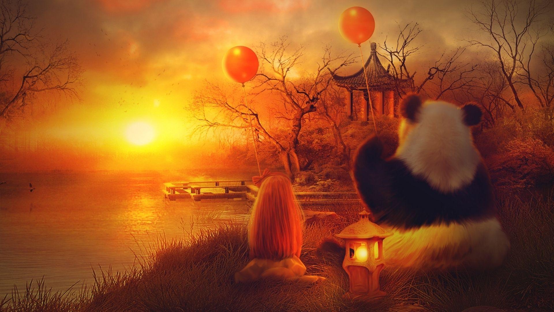 image Pandas Toy balloon Fantasy Sunrises and sunsets 1920x1080
