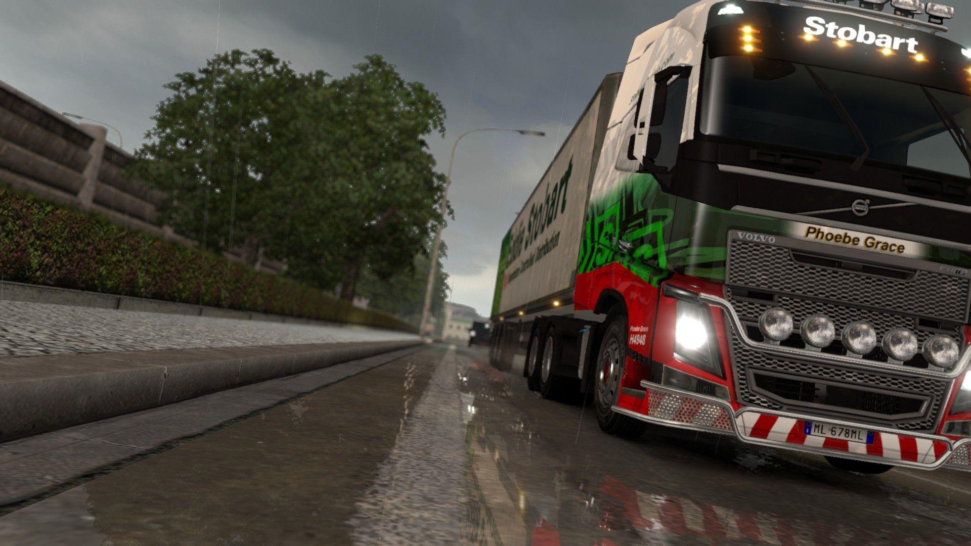 euro truck simulator 2 rain reflection truck lorry trees volvo fh16