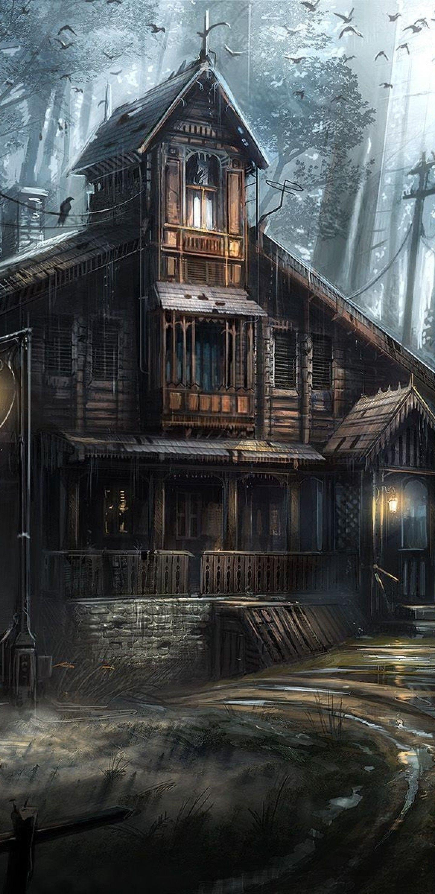 Download 1440x2960 Dark Forest, Crows, Haunted House, Horror