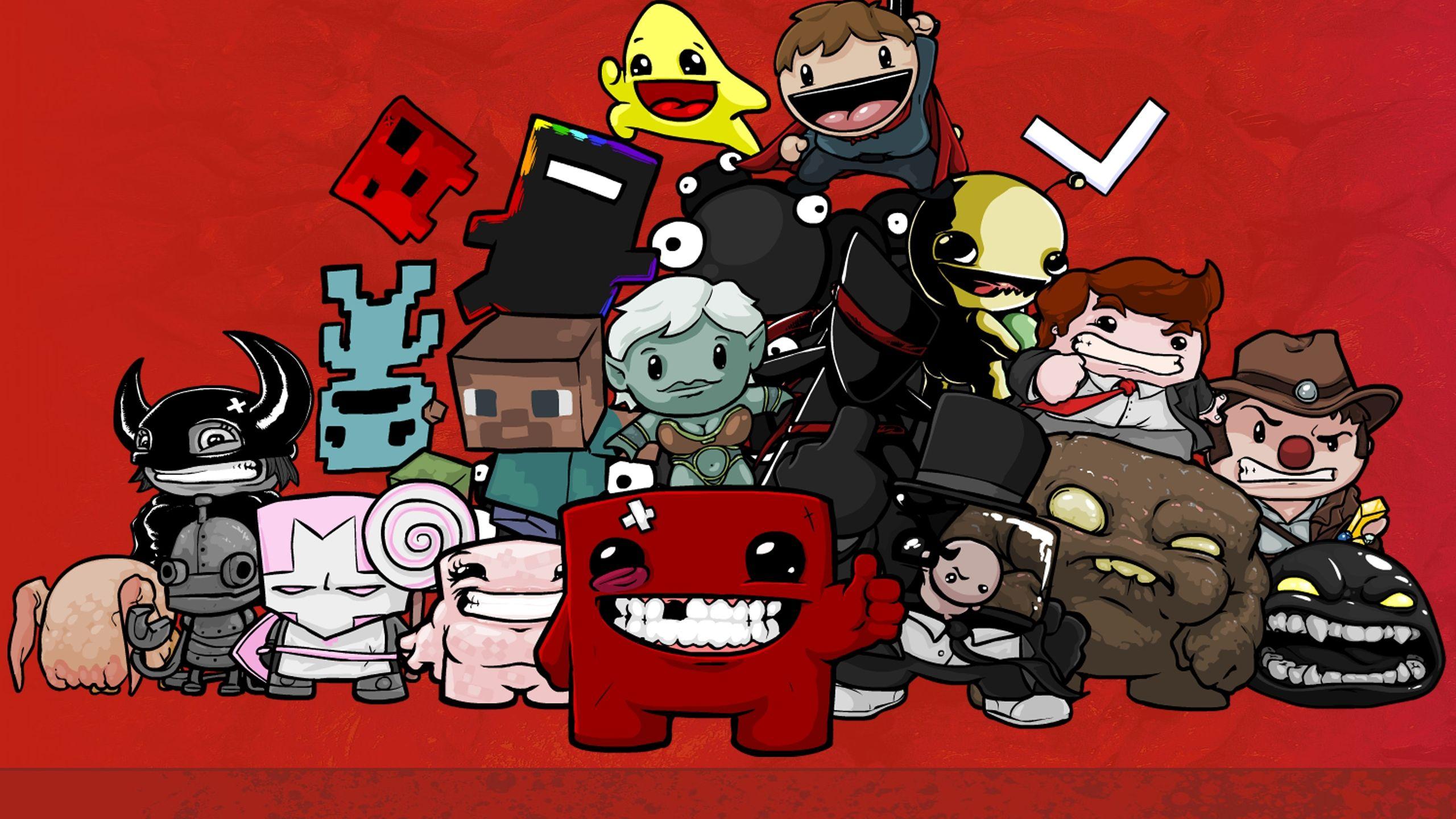 Download wallpaper 2560x1440 super meat boy, characters, smile, look