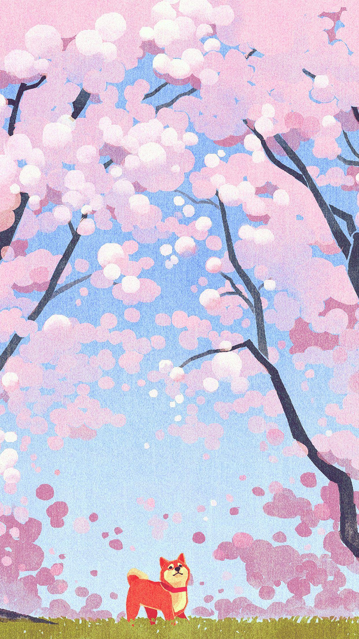 iPhone 6 wallpaper. cute siba dog animal spring illustration art pink