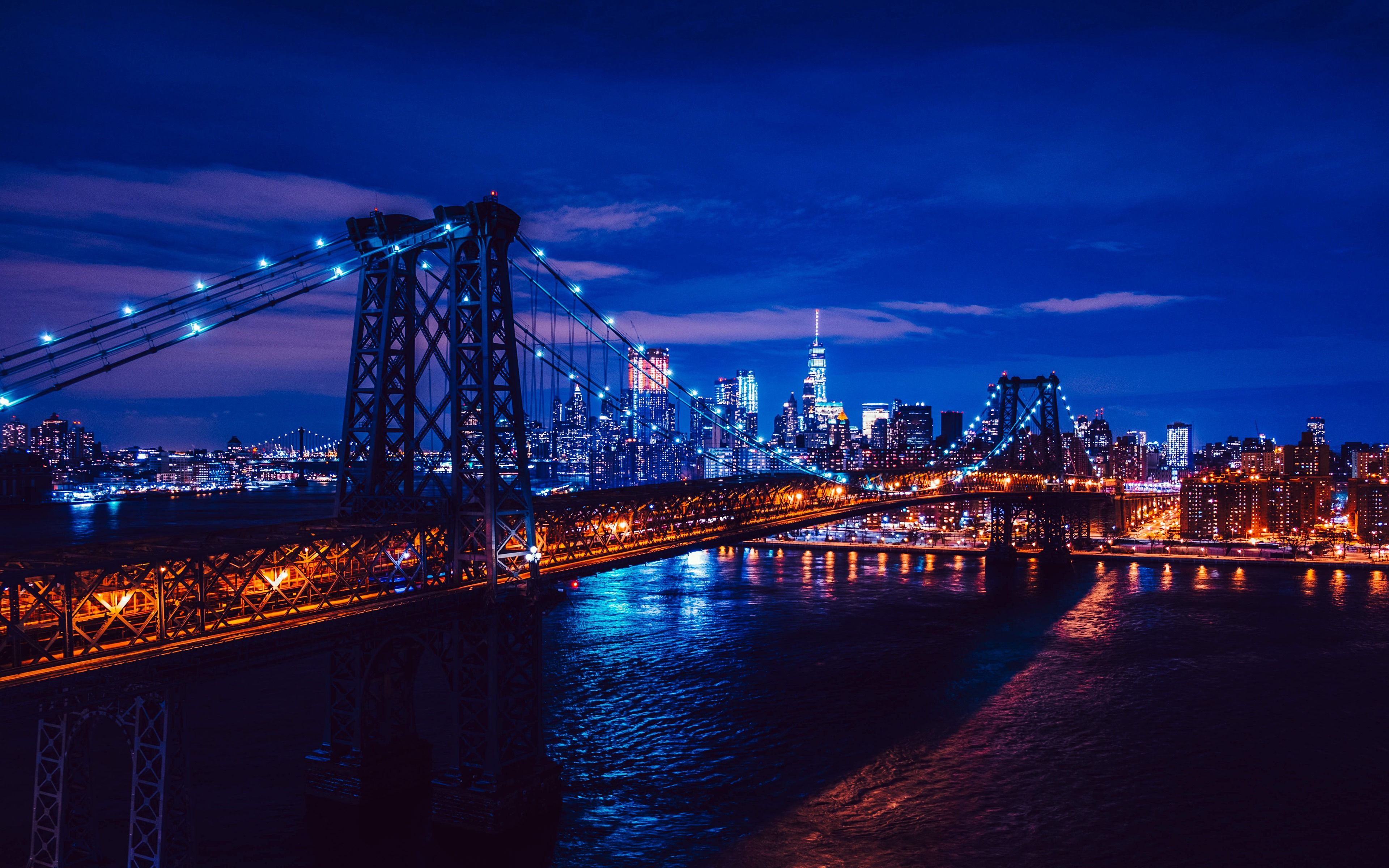 Download wallpaper Brooklyn Bridge, 4k, blue illumination