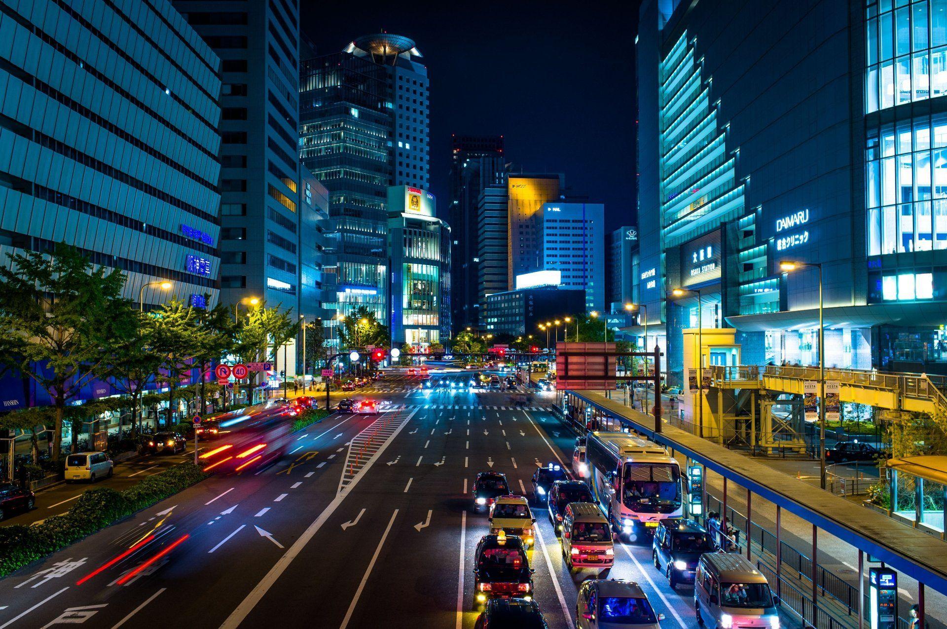japan osaka town metropolis street avenue traffic lighting night