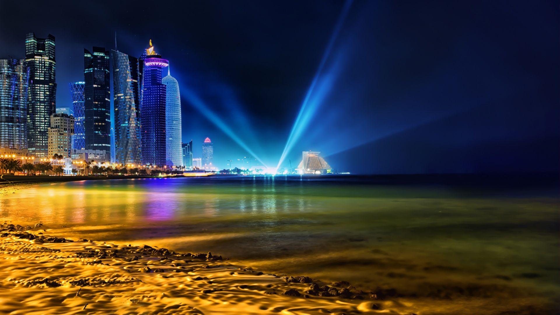 Full HD Wallpaper seafront skyscraper illumination doha qatar