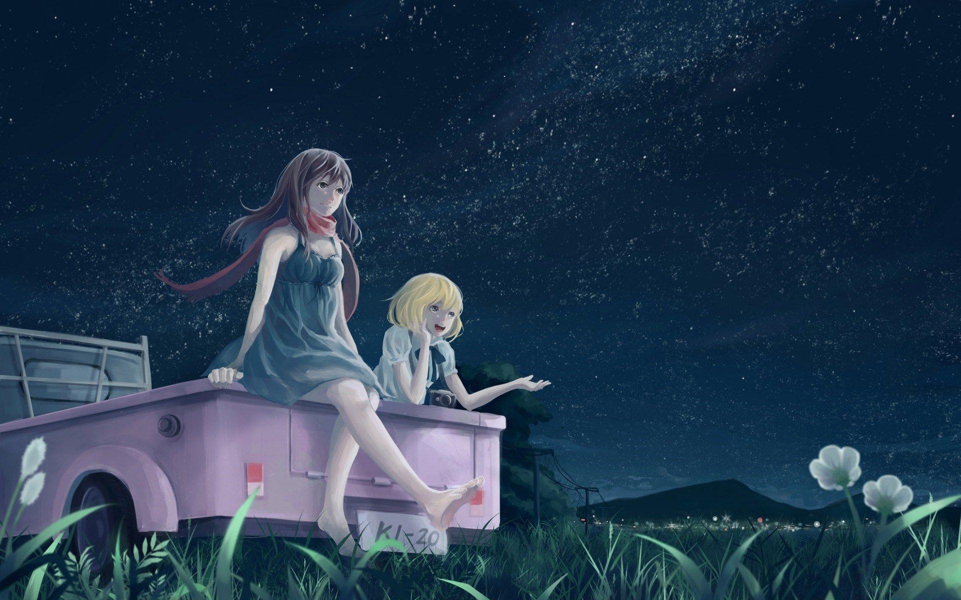 Art Girls Car Night Anime 3D Wallpaper HD Free Wallpaper