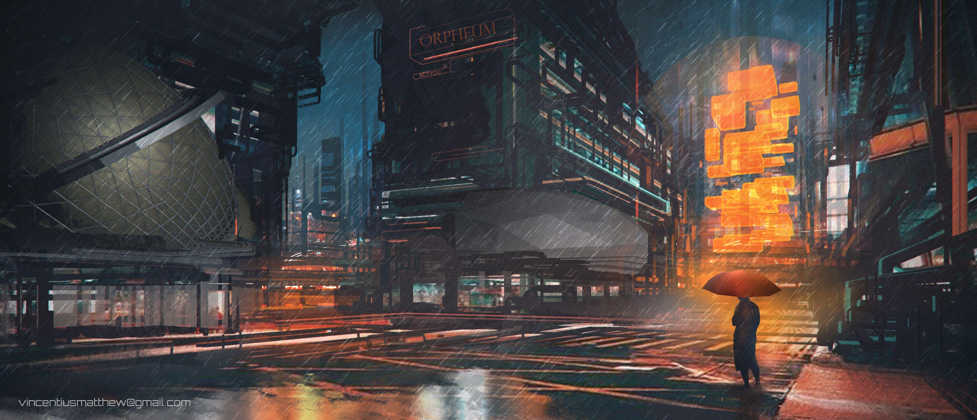 Rainy Night Man With Umbrella Scifi Drawings Digital Art, HD Artist