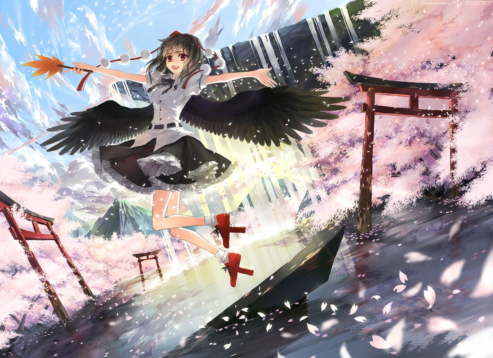 Touhou black hair cherry blossoms clouds hat petals red eyes ribbons