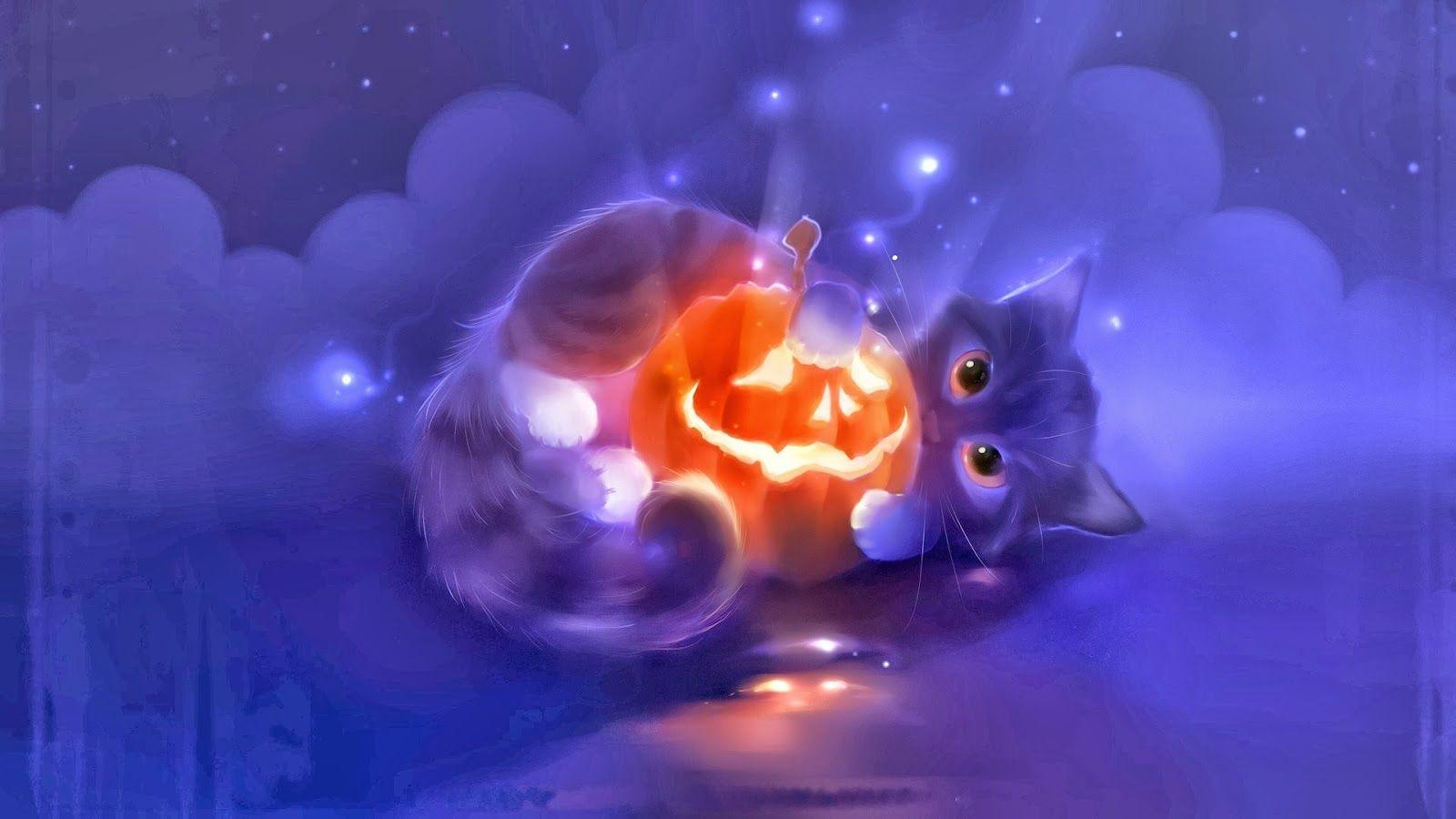Halloween Cute Pumpkin Head Cat Holiday Hd Wallpaper