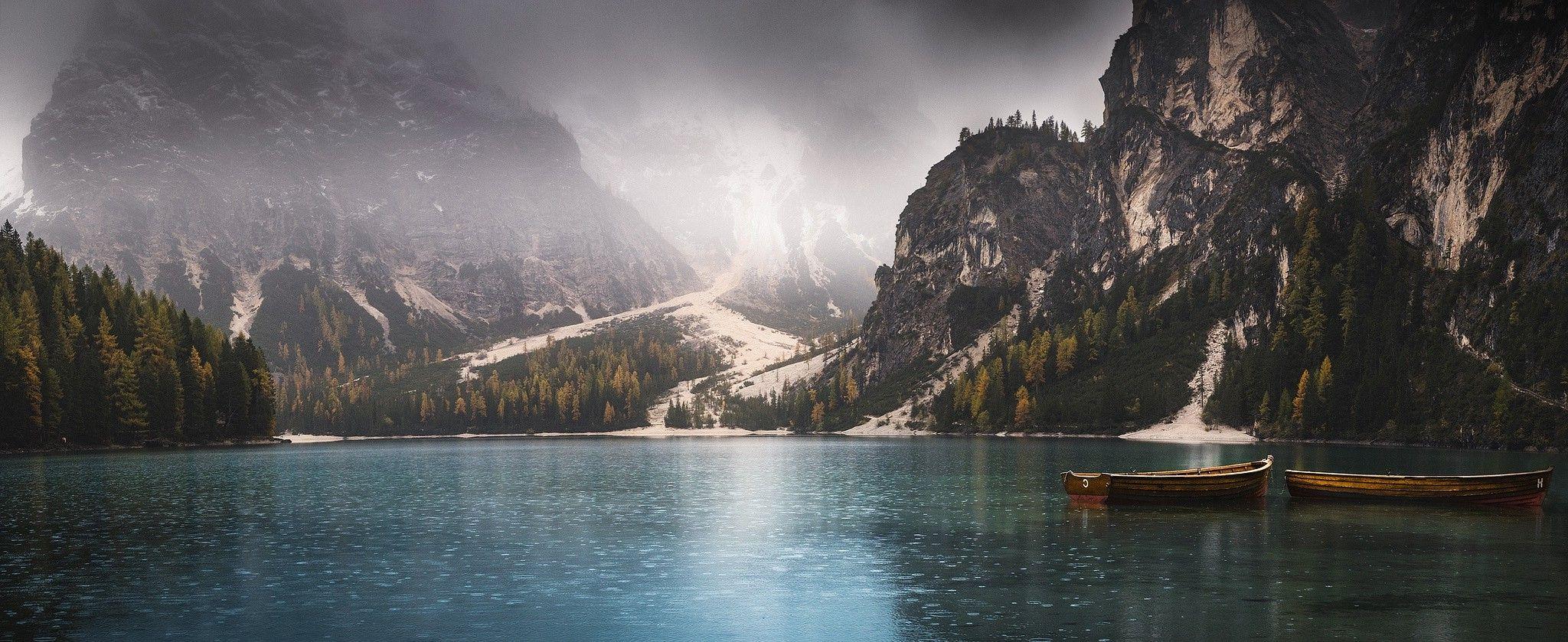 nature, Landscape, Panoramas, Lake, Fall, Mountain, Boat, Rain, Mist