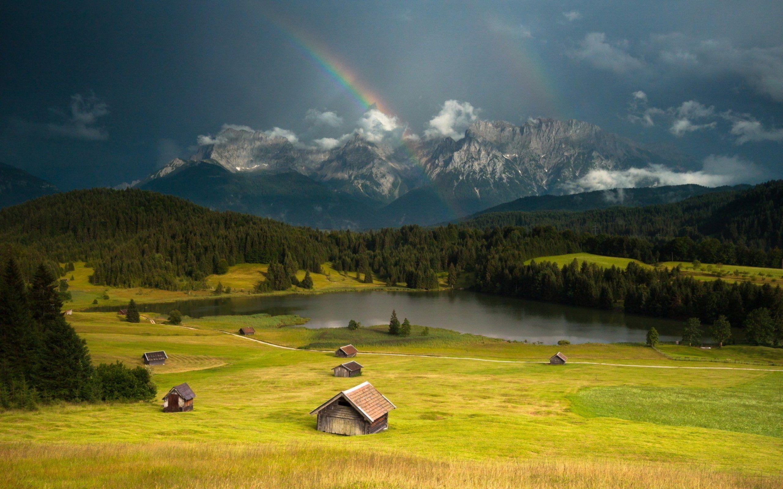 mountains, landscape, nature, mountain, rainbow, rain, rustic, farm