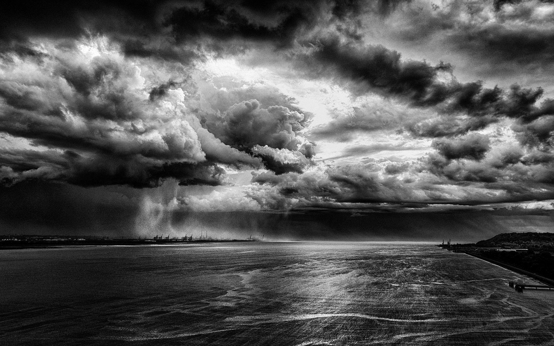 nature, Landscape, Storm, Rain, Monochrome, Clouds, River, Dock