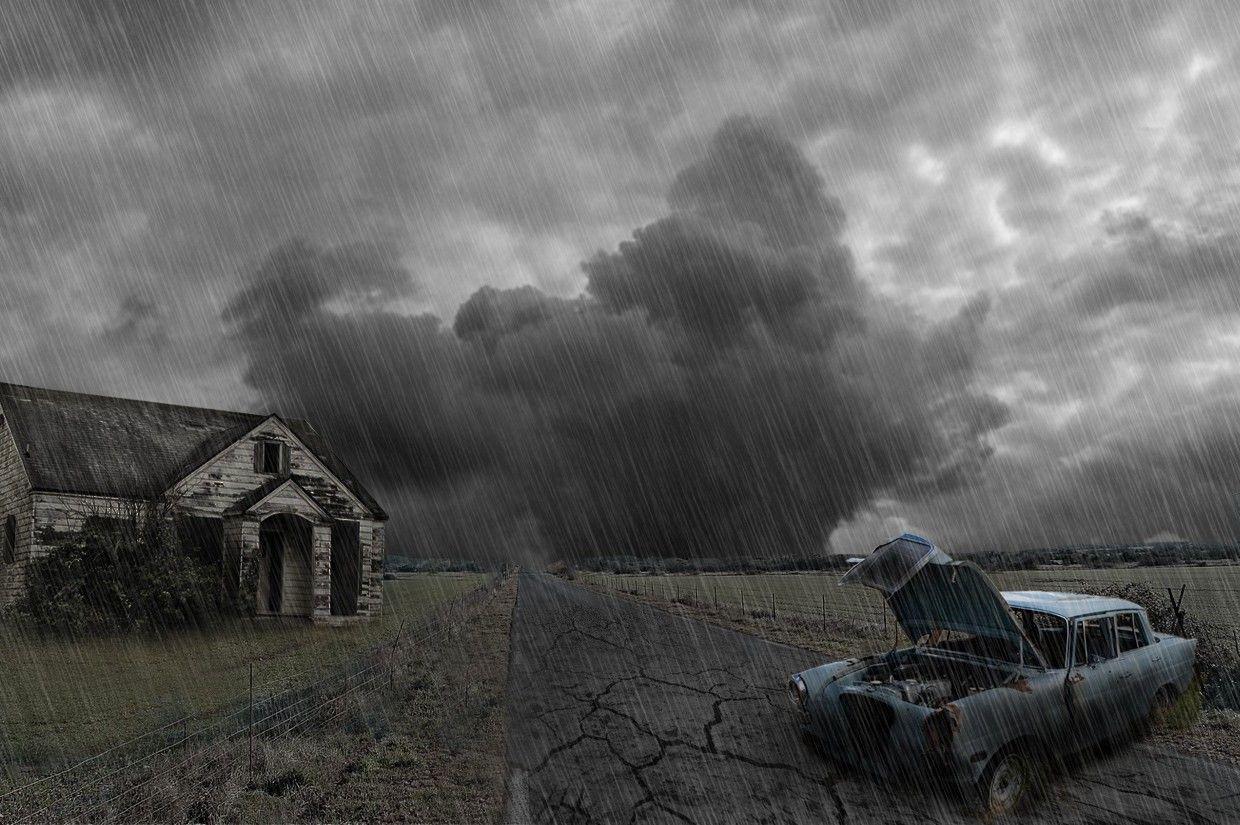 landscape, Rain, Old Building, Old Car, Road, Storm Wallpaper HD