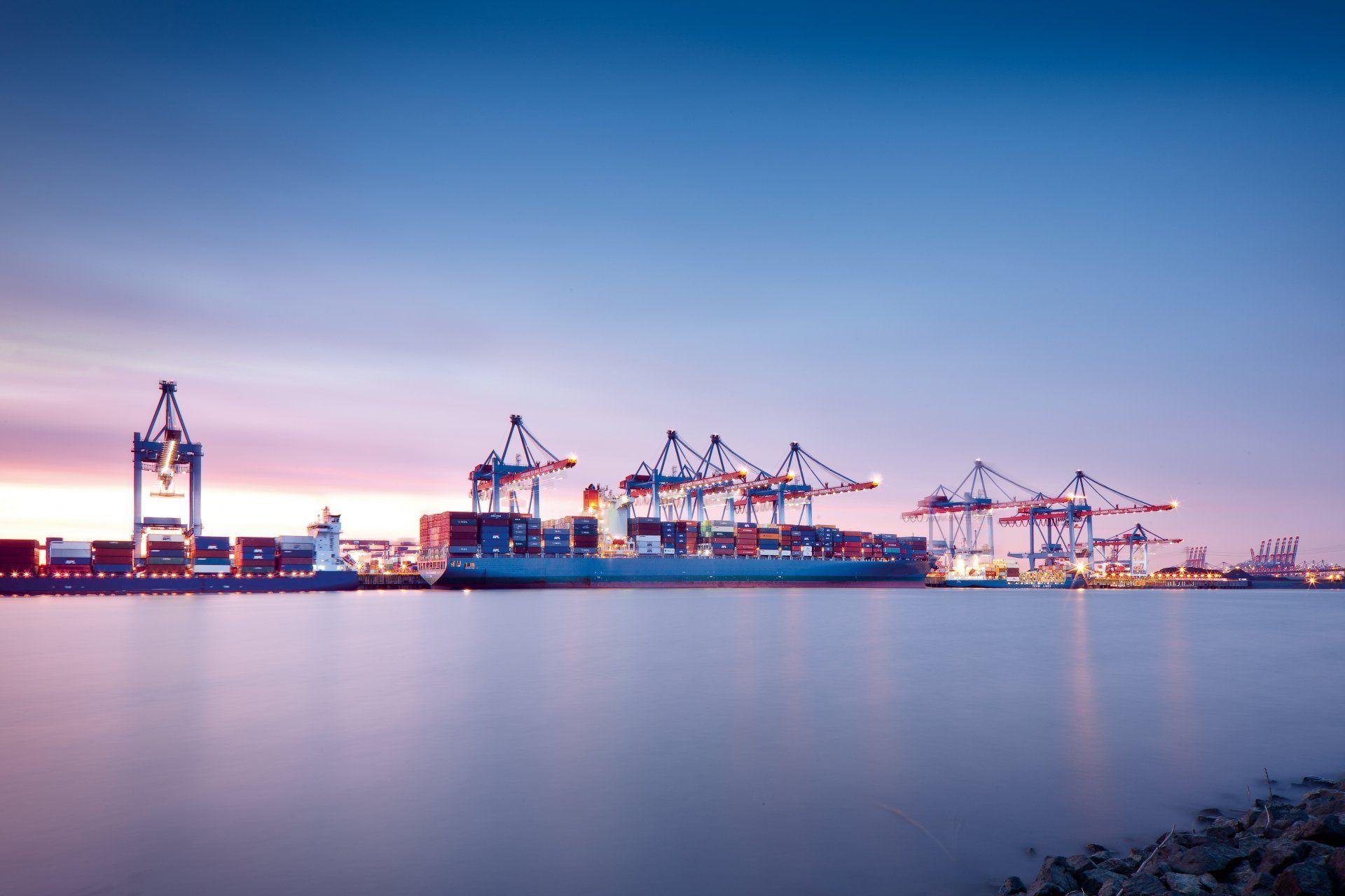 ships the port terminal night calm sea cranes container sky HD wallpaper