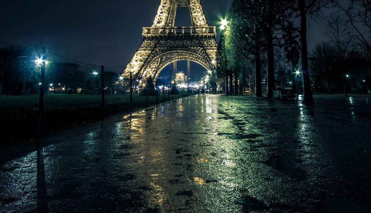 France Paris Street Eiffel Tower Night Street lights Trees Cities wallpaperx1900