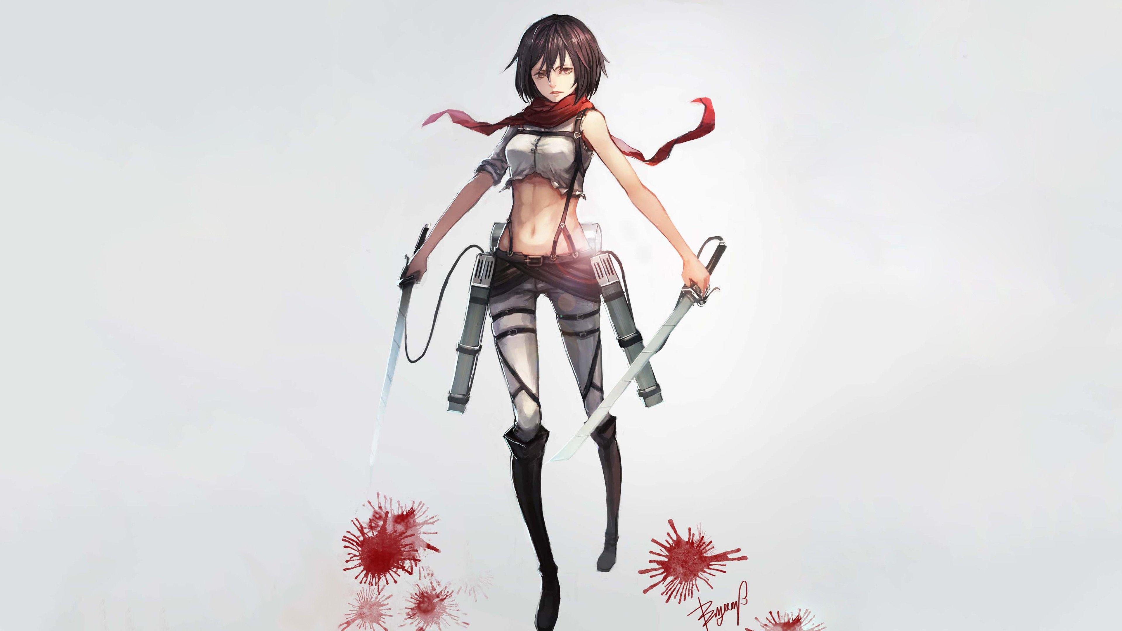 weapon, anime girls, gray background, Shingeki no Kyojin, Mikasa