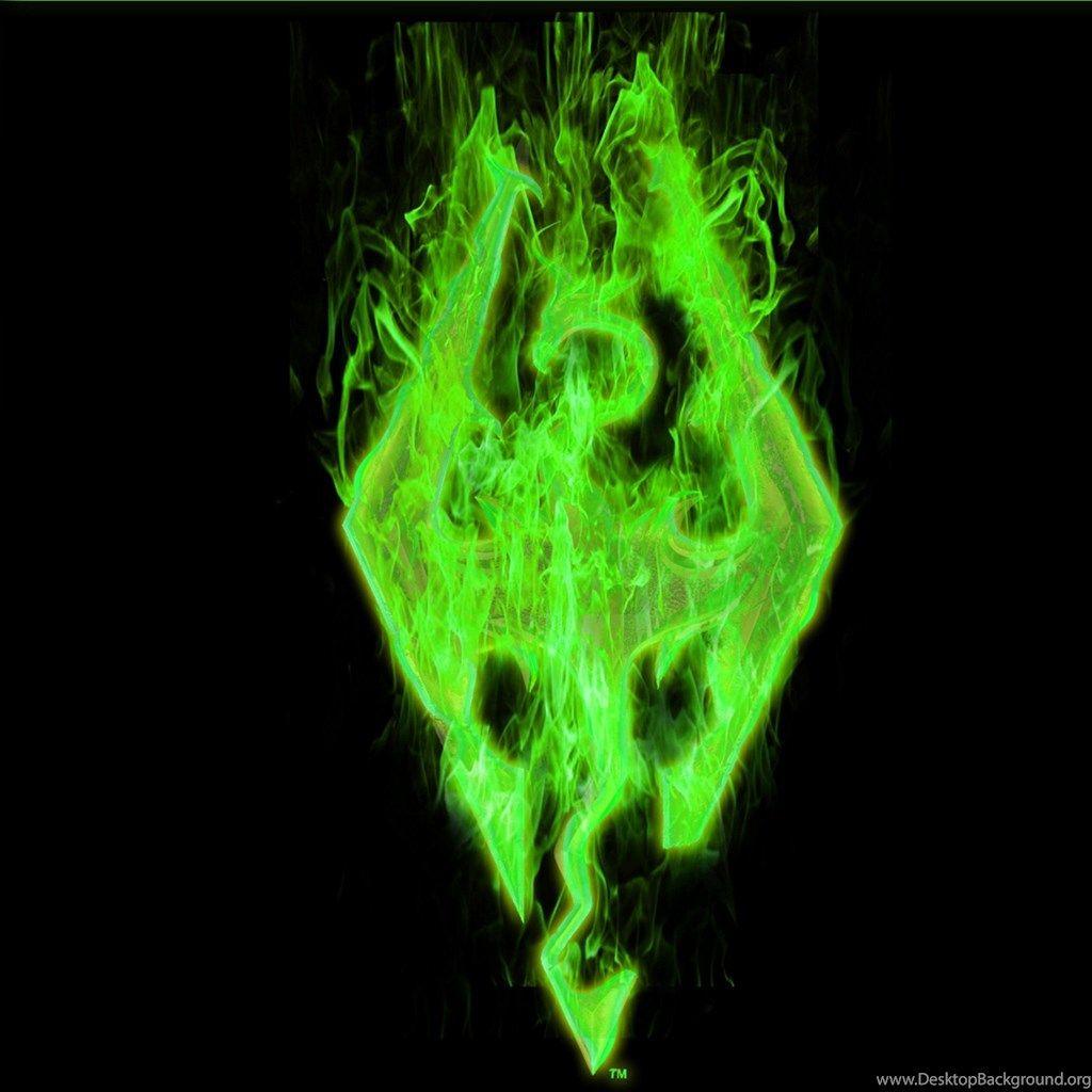 Skyrim Wallpaper Fire Logo, Green Desktop Background