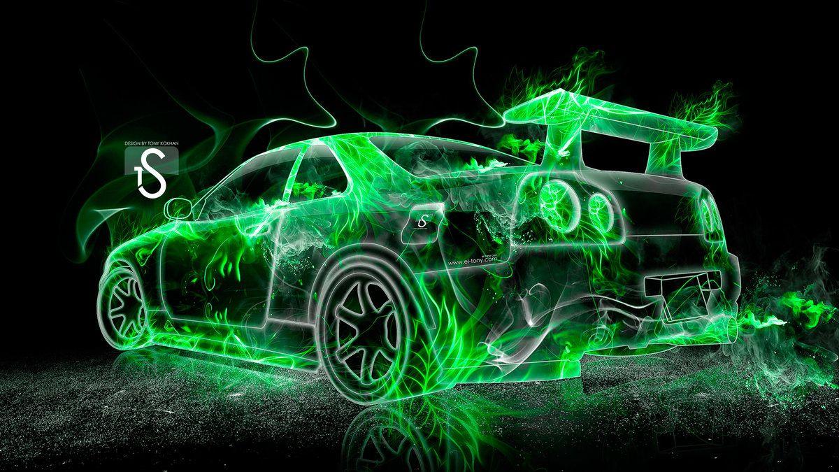 Nissan Skyline GTR R34 Green Fire Abstract Car 2013 HD Wallpaper By