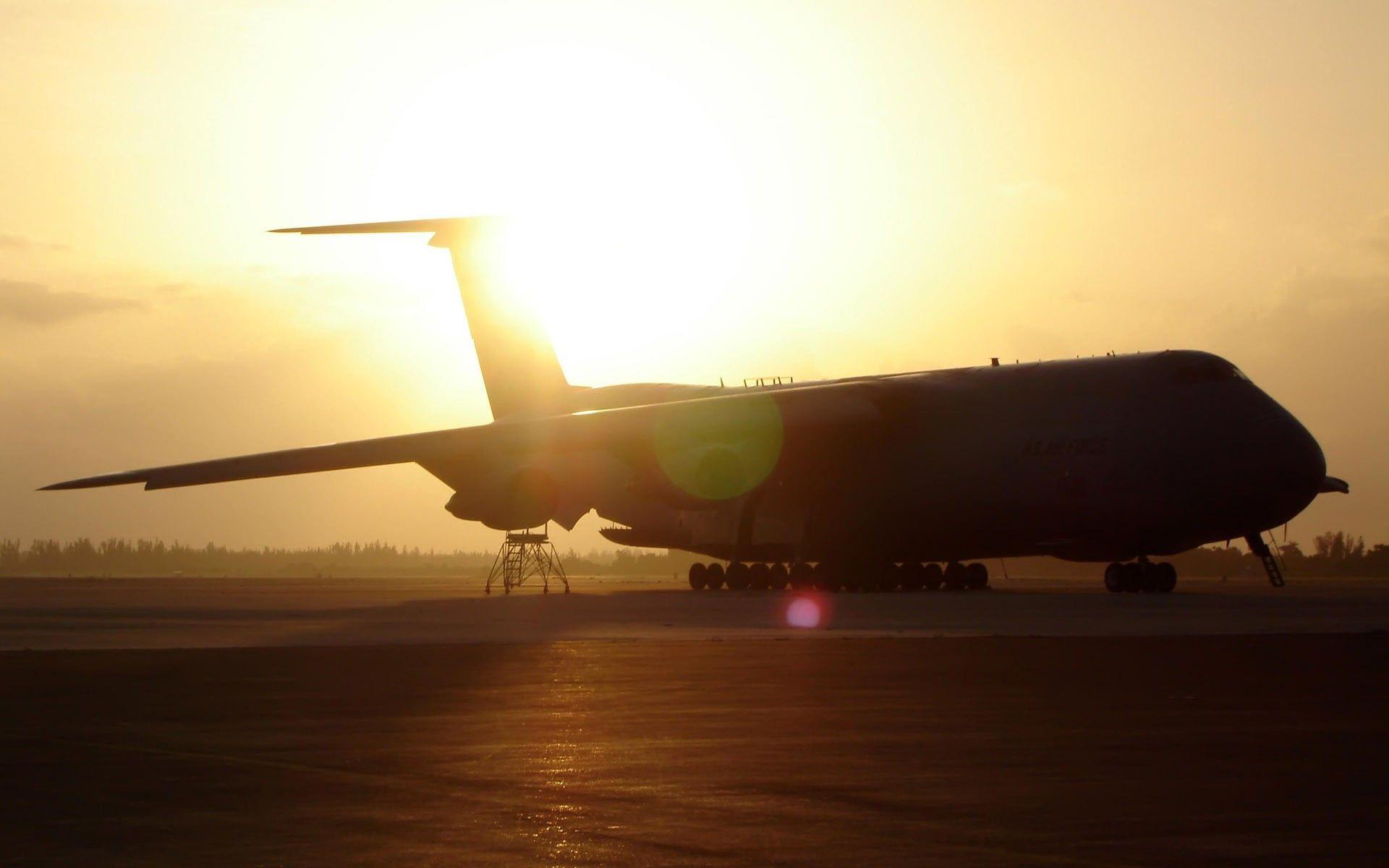 White Passenger Plane, Airplane, Silhouette, Sunlight, Lockheed C 5