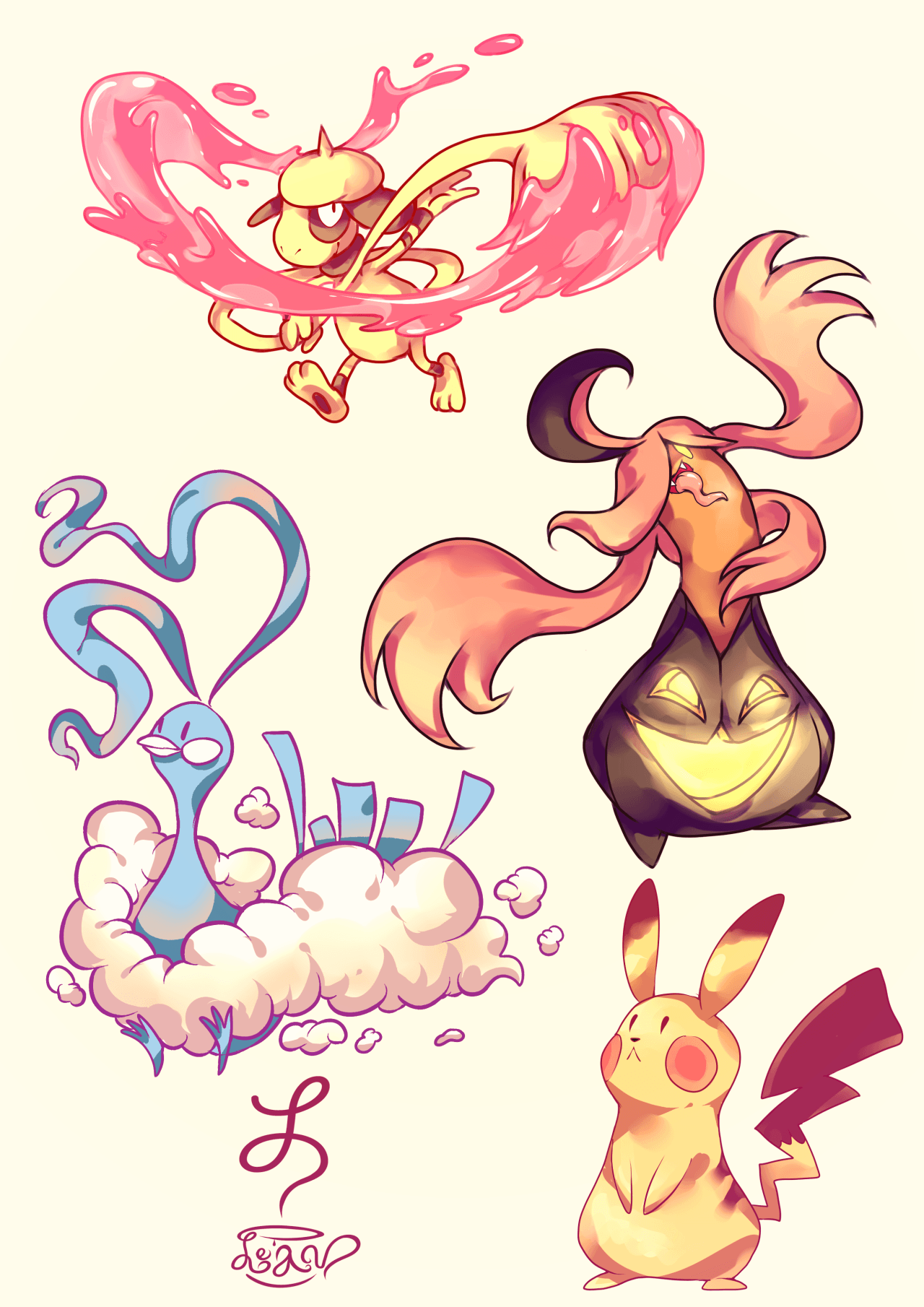 Smeargle, Altaria, Gourgeist, and Pikachu. Pokémon