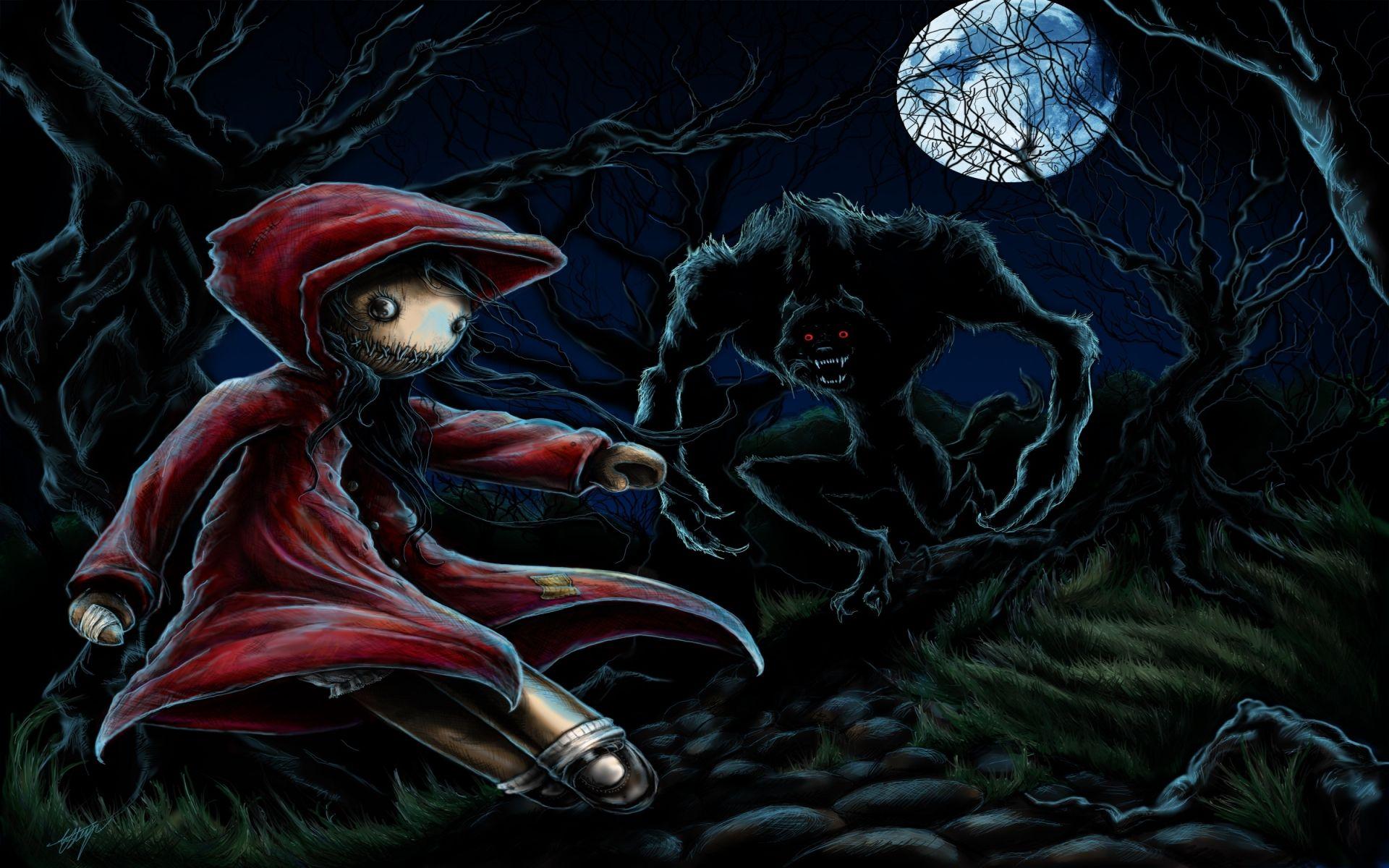 Dark wolf wolves animals trees forest red riding hood monster