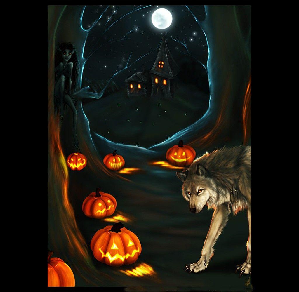 Wallpaper Tagged With Witches: Moon Halloween Dark Wolf Pumpkins