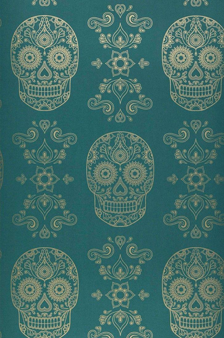 Wallpaper Dia de los Muertos (Emerald green, Gold)