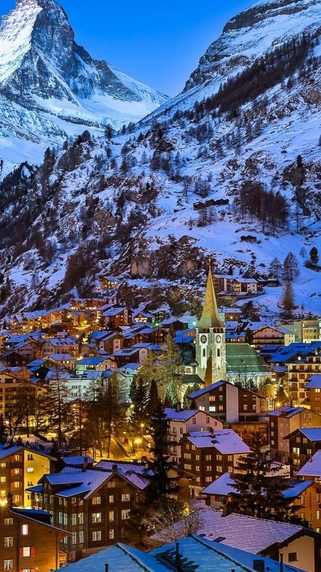 Wallpaper Download 1080x1920 Winter at Zermatt Valley Switzerland