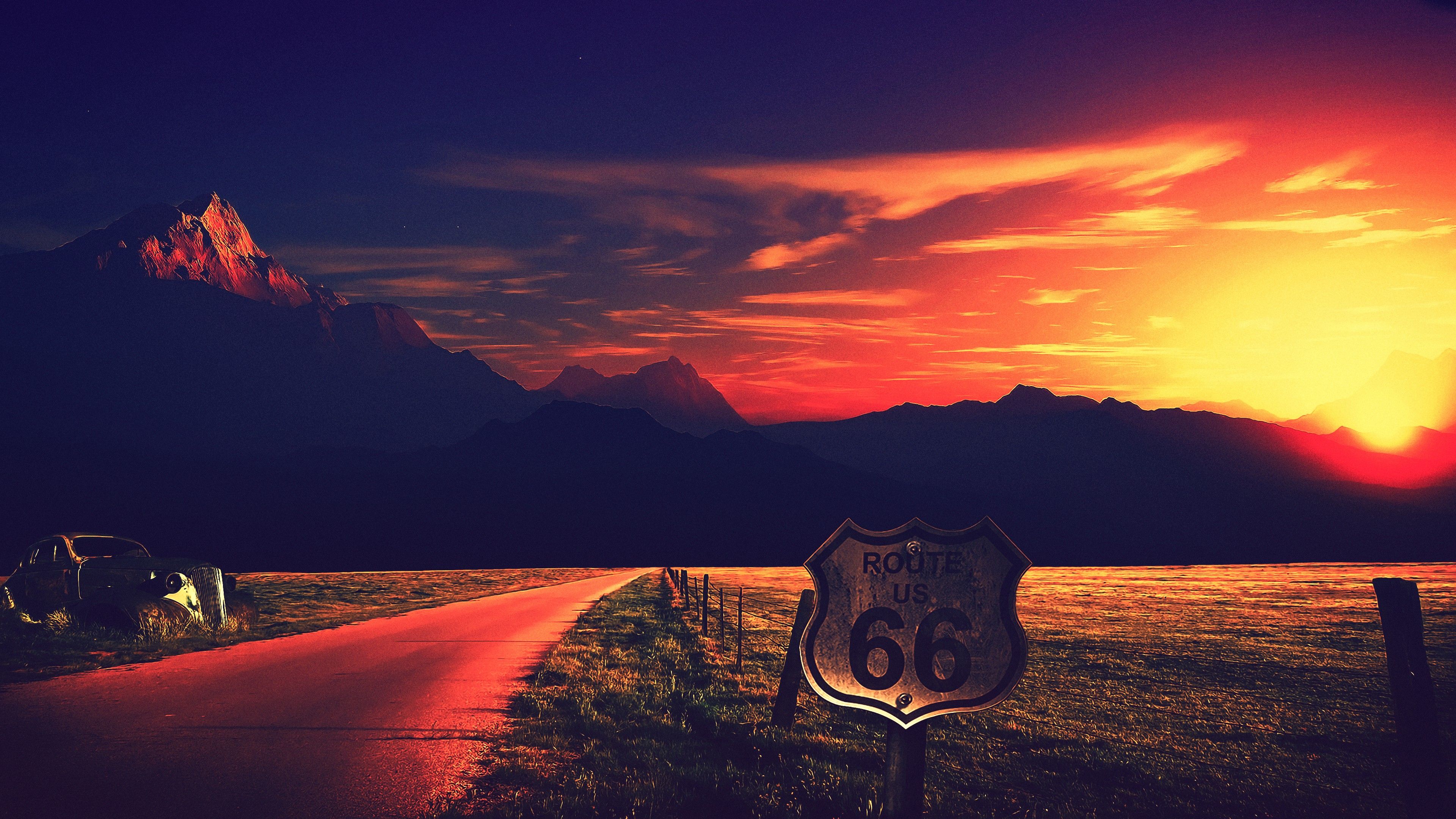 Wallpaper Route Sunset, Mountains, Landscape, Road, USA, 4K