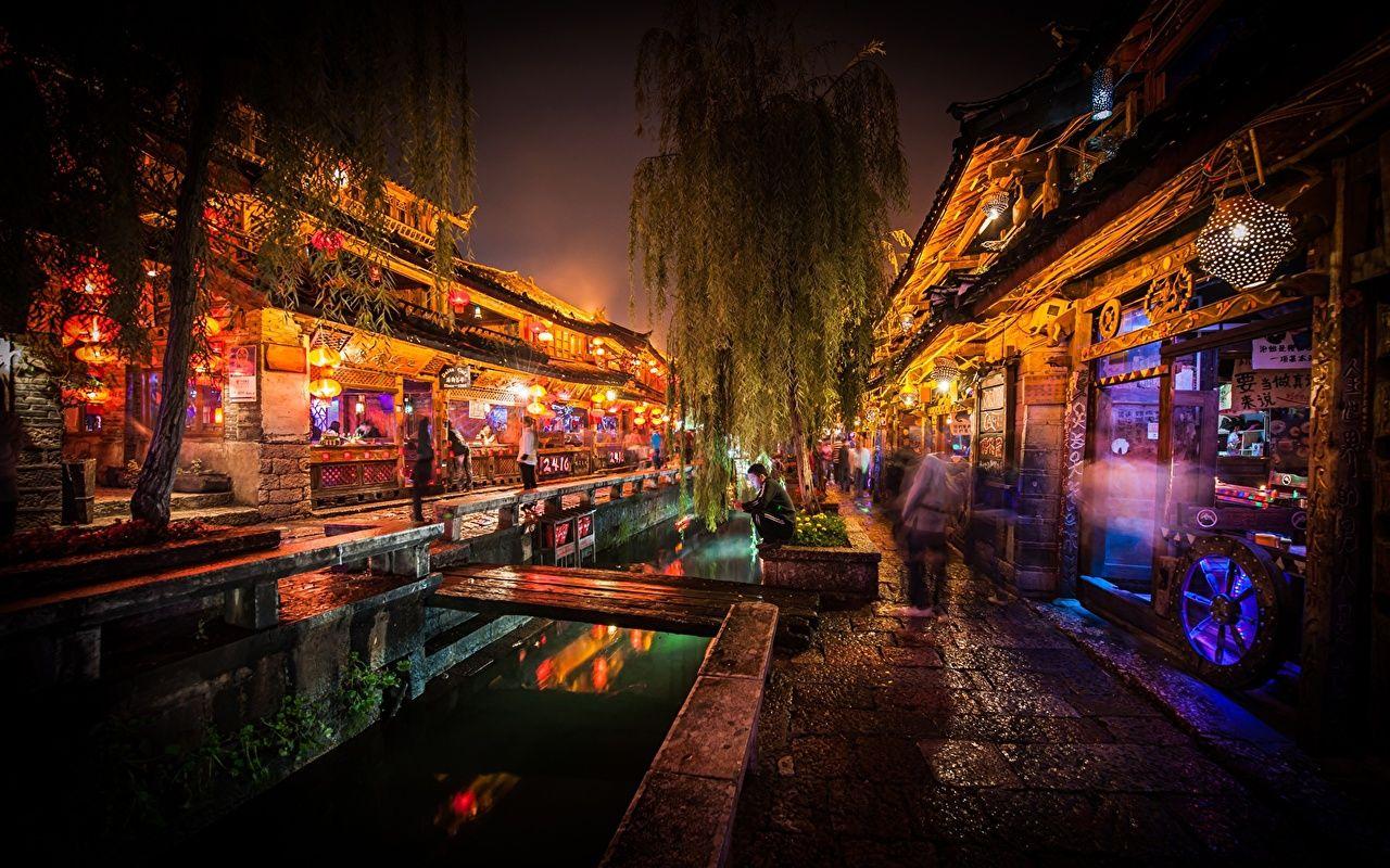 image China Lijiang market Canal Street Night Cities