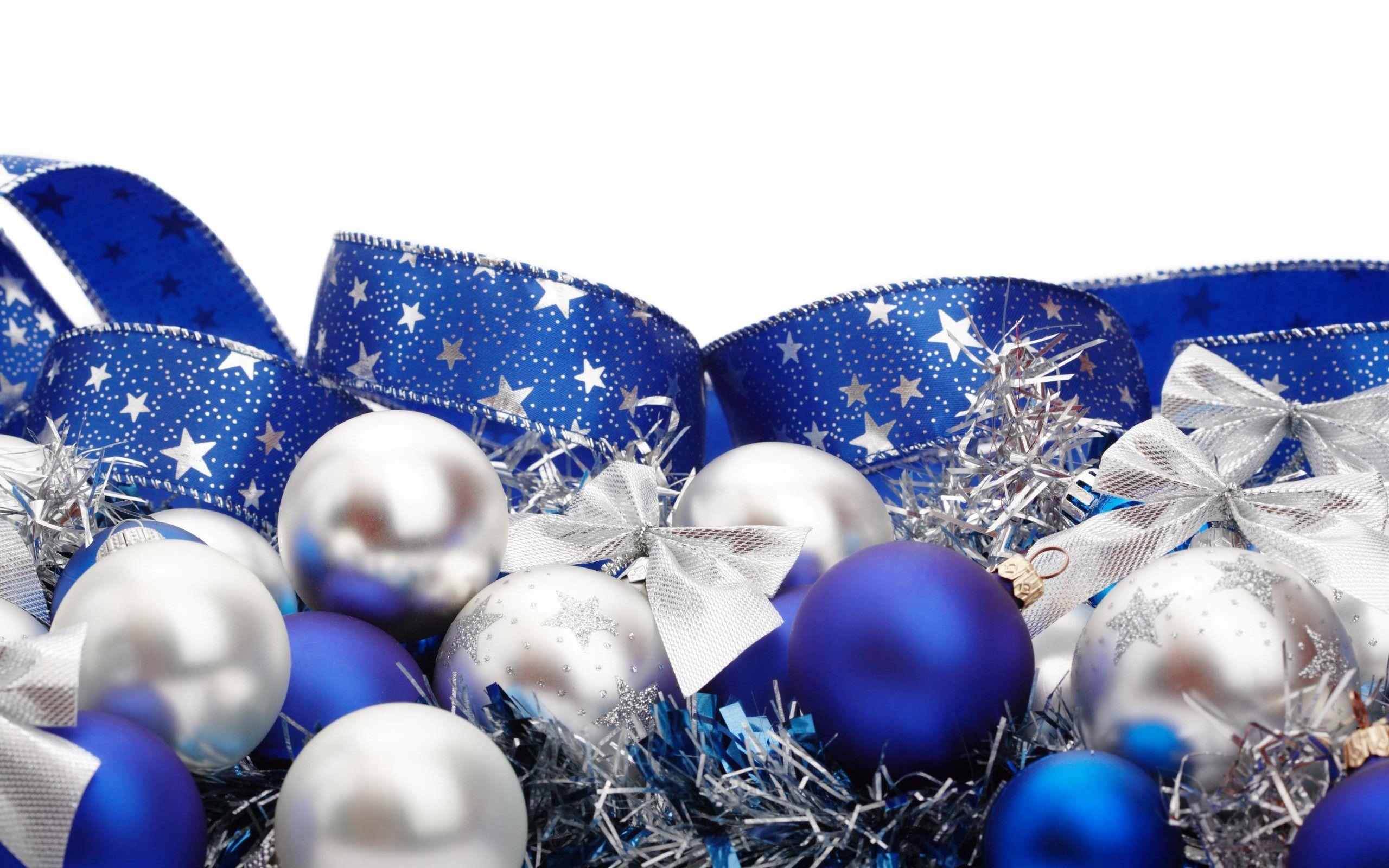 Blue white ribbons Christmas ornaments white background Christmas