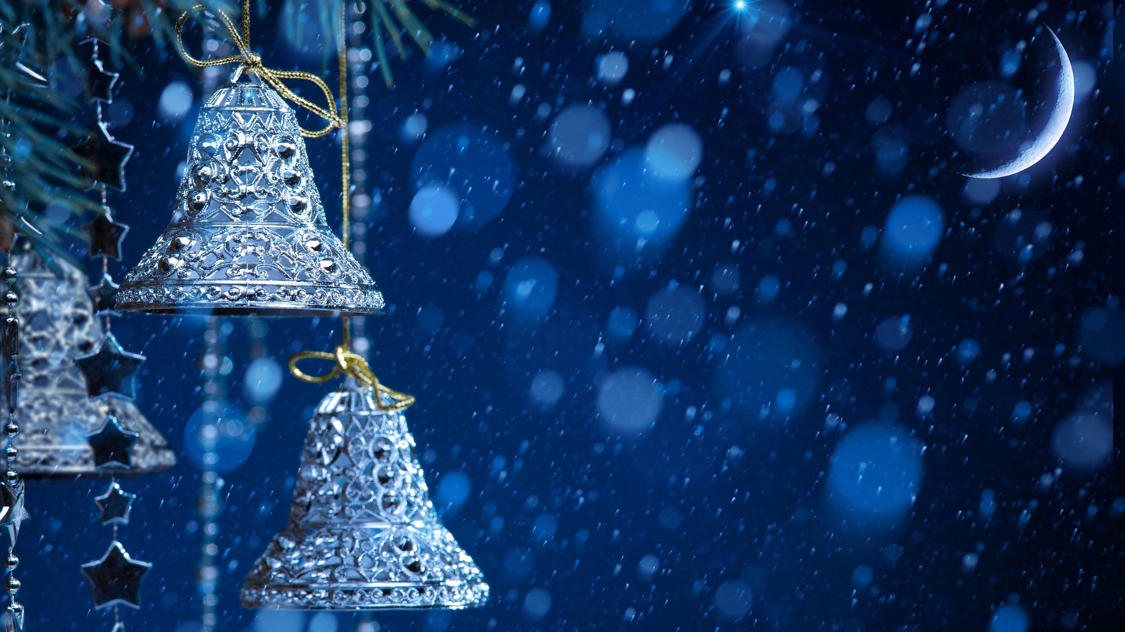 ornaments, celebration, blue, Moon, stars, silver, holiday, sparkle, bells, Christmas wallpaper