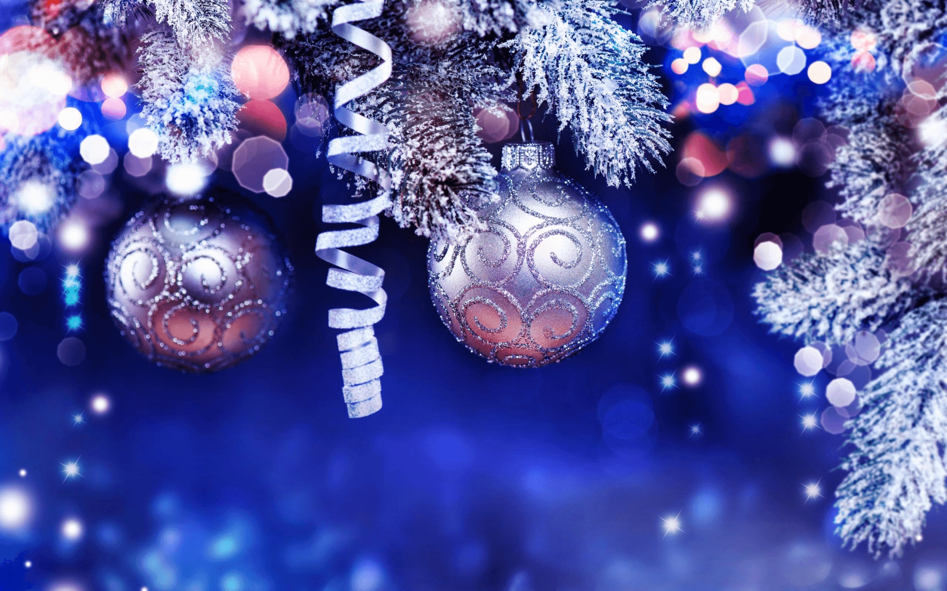 Holiday Christmas Bokeh Ribbon Christmas Ornaments Blue Wallpaper