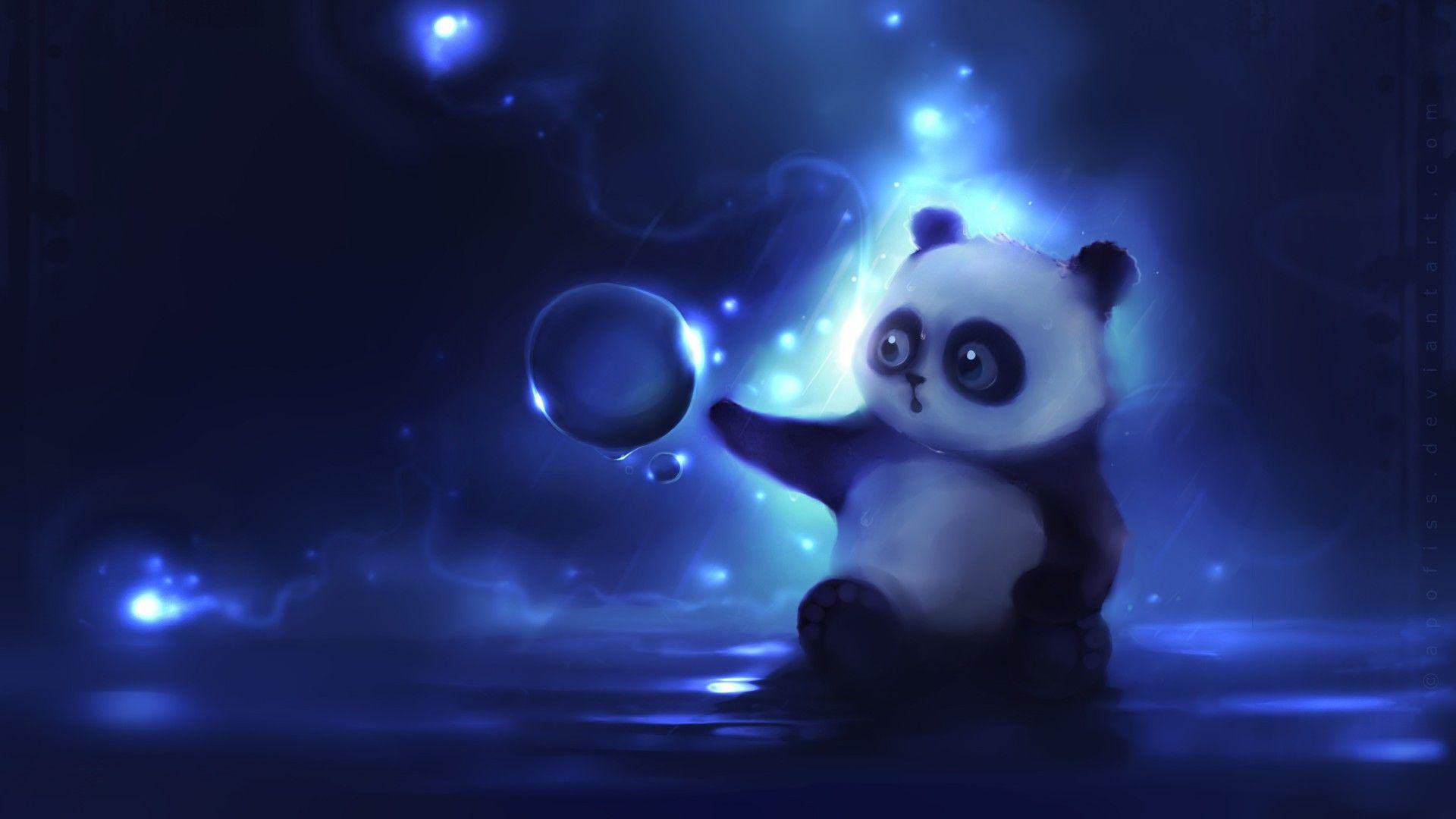 Funny little panda bear playing with a bubble of water. Animal