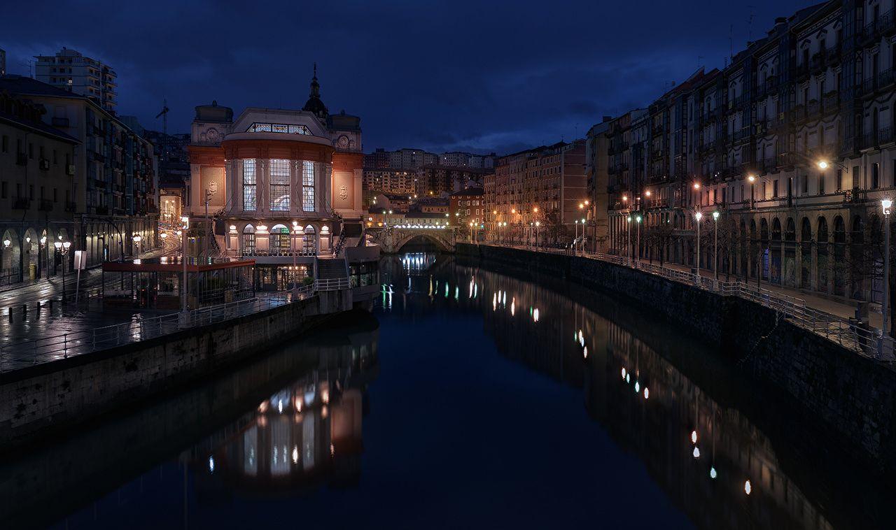 Wallpaper Spain La Ribera Bilbao Canal Street Rivers night time