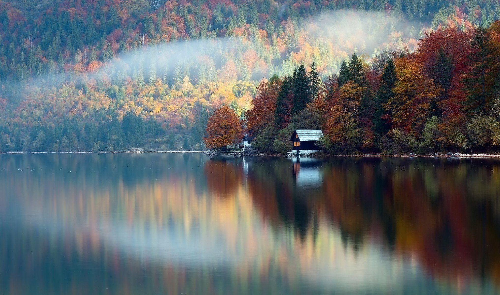 slovenia autumn october forest lake house reflection HD wallpaper
