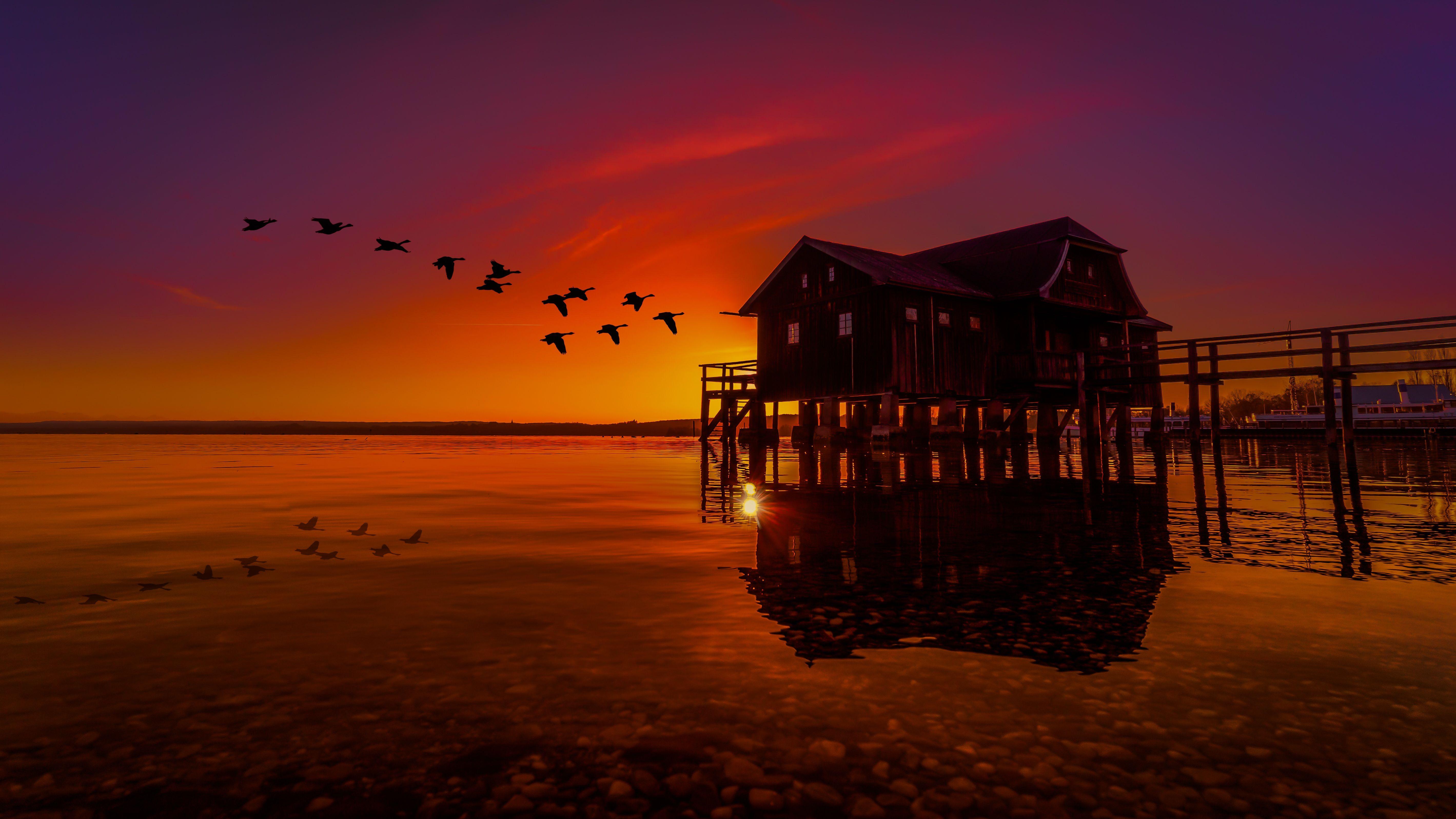 Lake House On Pier Birds Flying Sunset Scenery, HD Nature, 4k