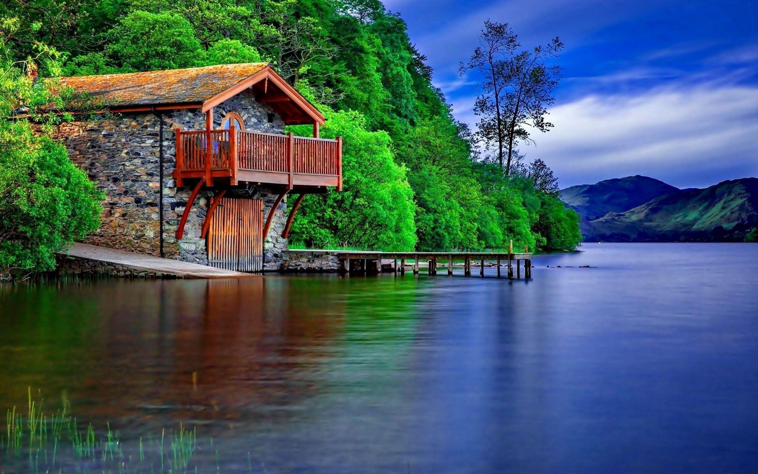Stone House On The Shore Of The Lake, Wooden Terrace Wooden Dock