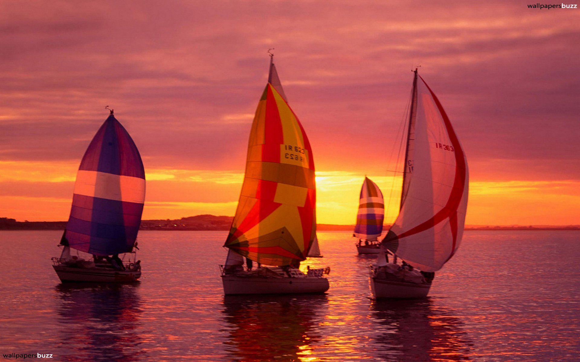 Four Sailing Ships While The Sunset HD Wallpaper